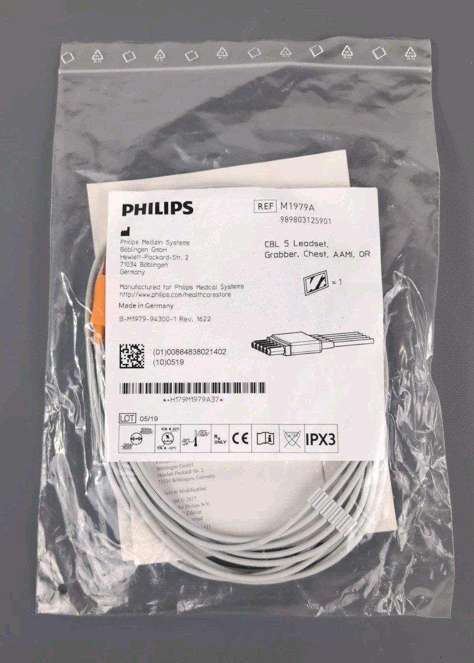 Philips 5 Leadset, Grabber, Chest, AAMI, OR Ref M1976A ECG Lead Set