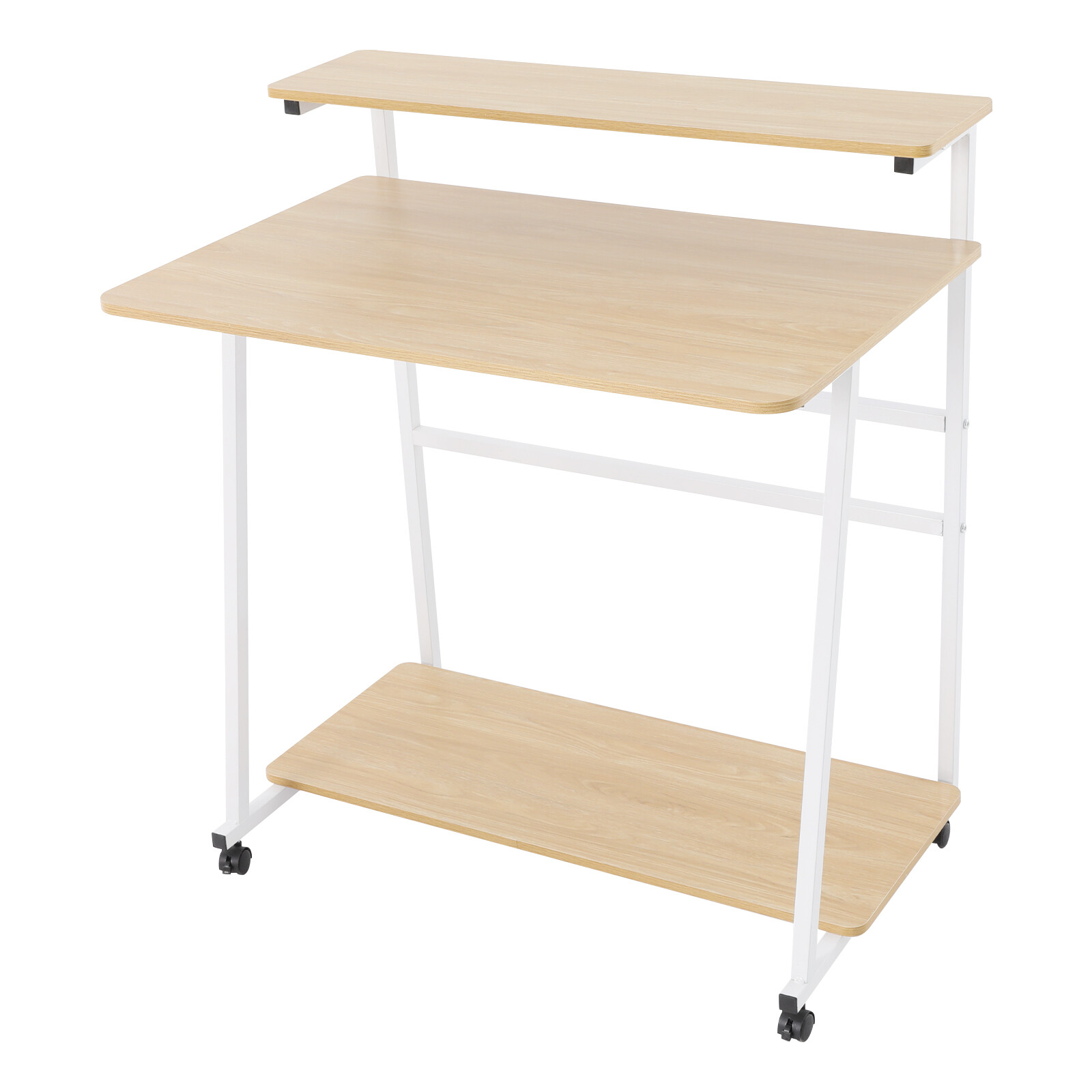 3-tier Computer Desk, Home Office Desk, Rolling Computer Desk, White, Log Color