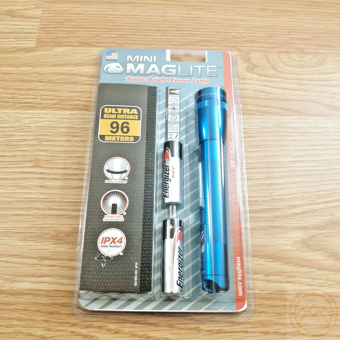 Mag-Lite Blue Flashlight Combo Mini Maglite 2 AA Batteries Spot-To-Flood Durable