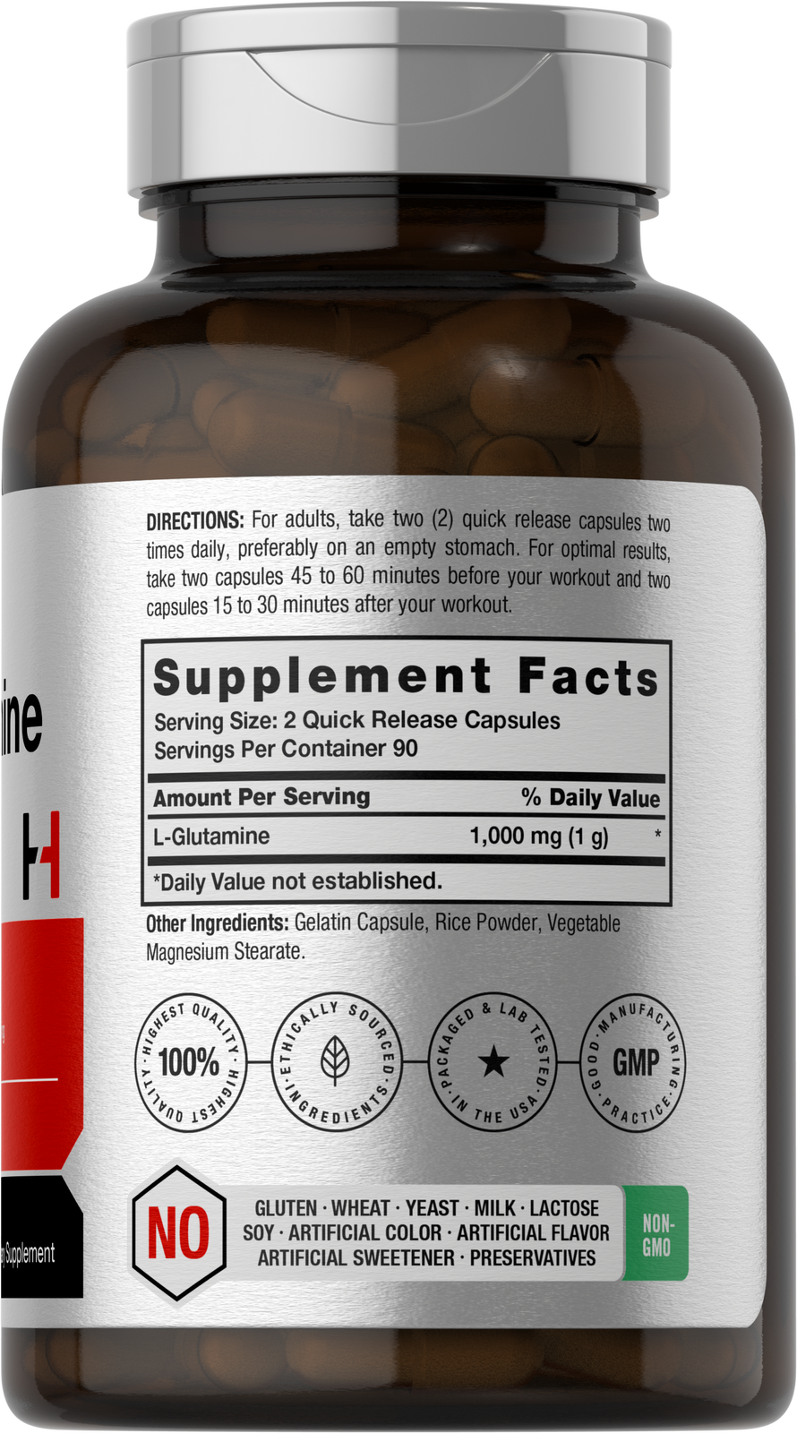 L Glutamine Capsules | 1000mg | 180 Count | Non-GMO, Gluten Free | by Horbaach