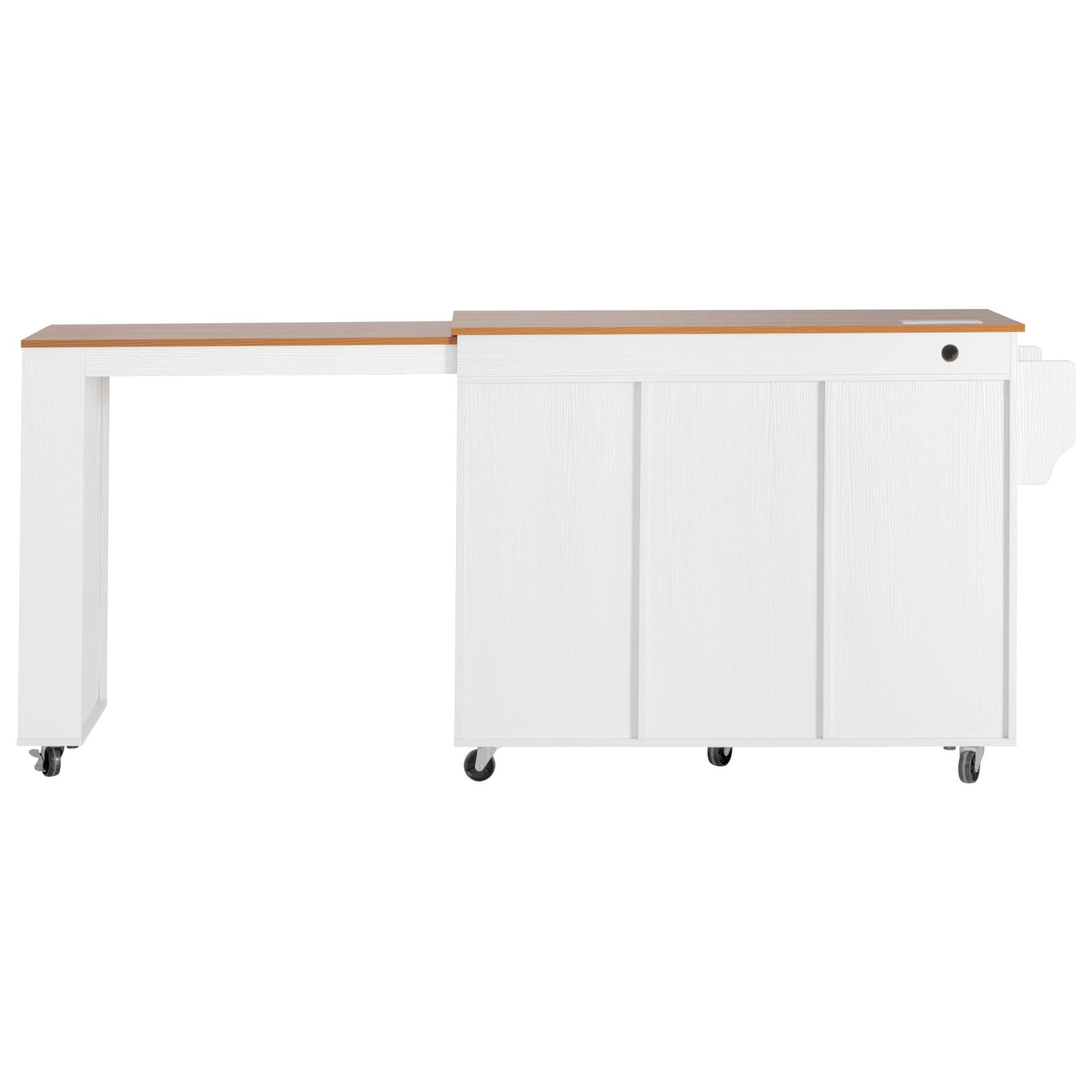 White Kitchen Island with Extendable Dining Table, 3 Drawers, 2 Doors, 85.5"