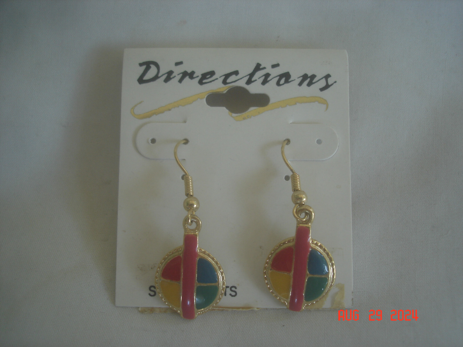 COLORFUL Vtg. DIRECTIONS ENAMEL DROP DANGLE EARRINGS on ORIG. CARD PIERCED EARS