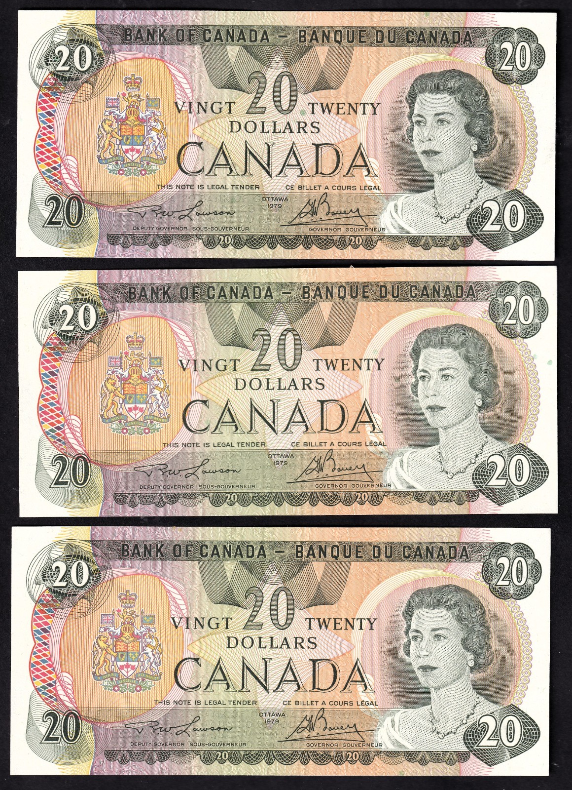 Canada 1979 $20 Twenty Dollar  Banknotes Lawson-Bouey UNC Lot Of Three