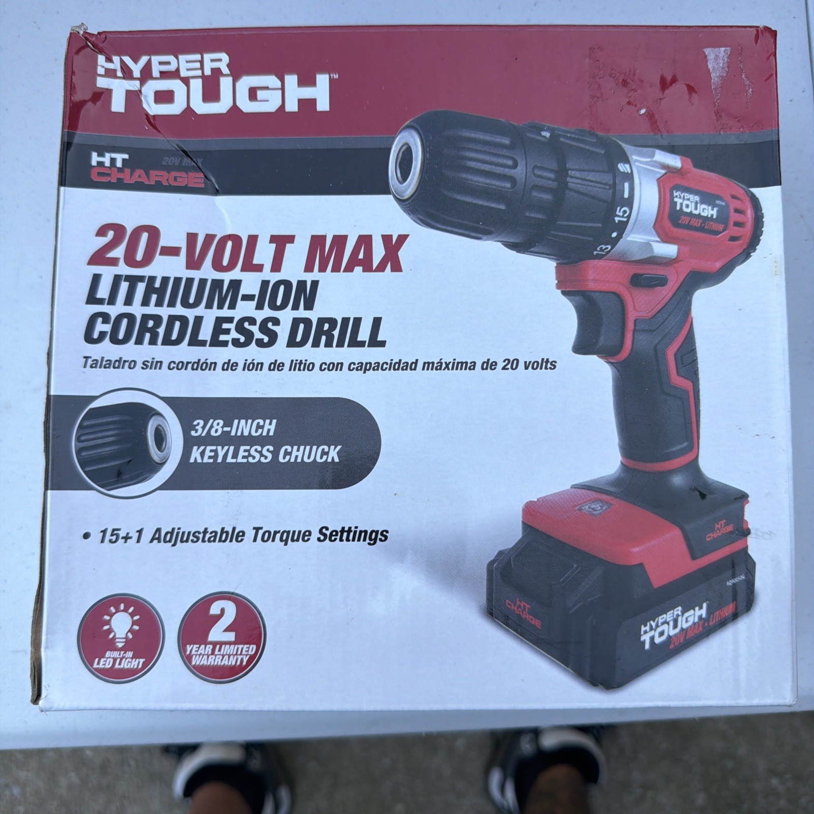 Hyper Tough 20V Max Lithium-Ion Cordless Drill Kit Battery Charger Box Damage