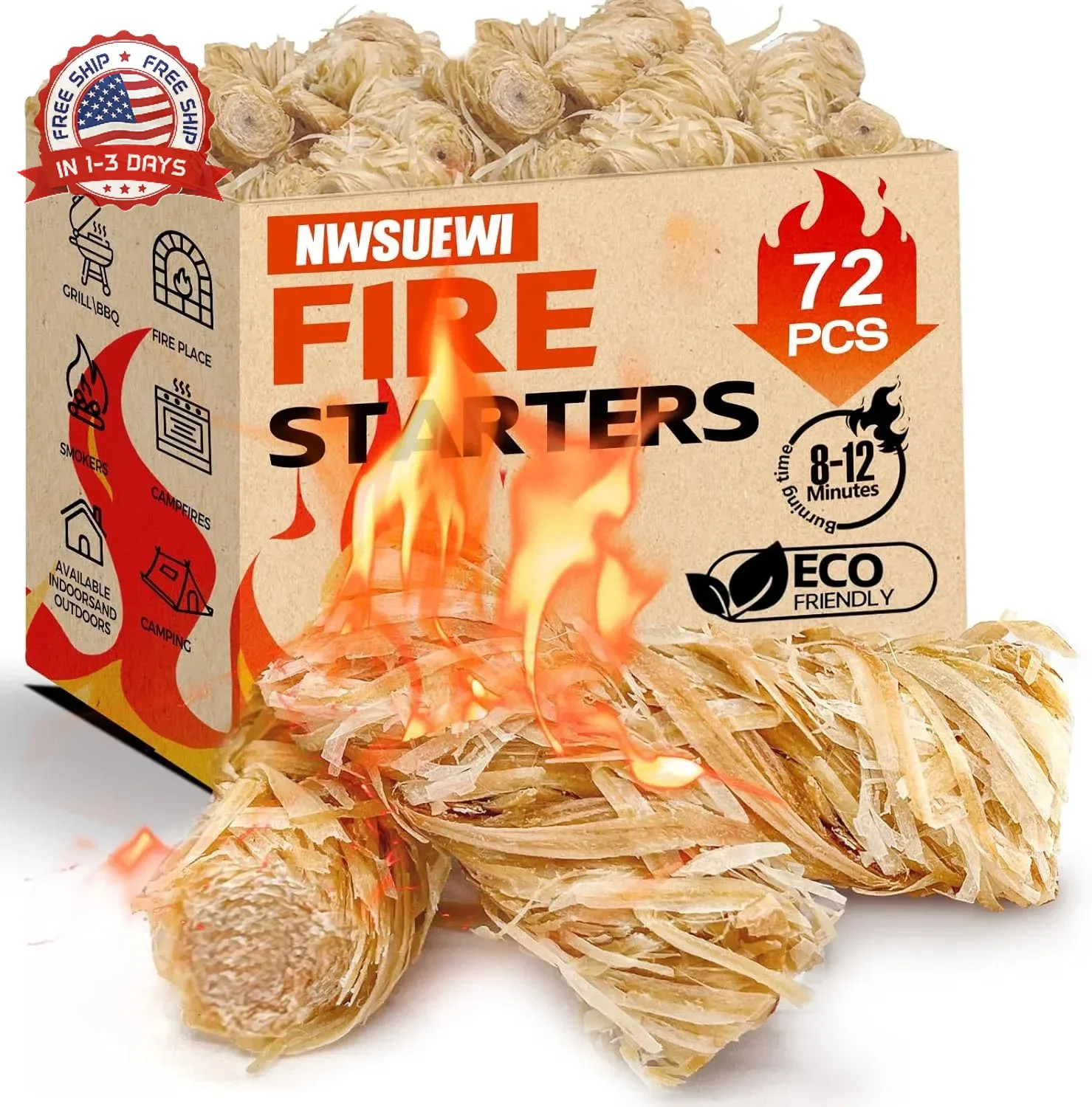 72PCS Fire Starters for Campfires Grill BBQ Camping Fireplace Fire Pit, Quick Li
