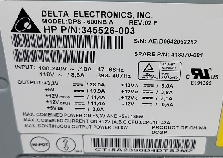 DELTA ELECTRONICS DPS-660NB A 345526-003 Power Supply 600W