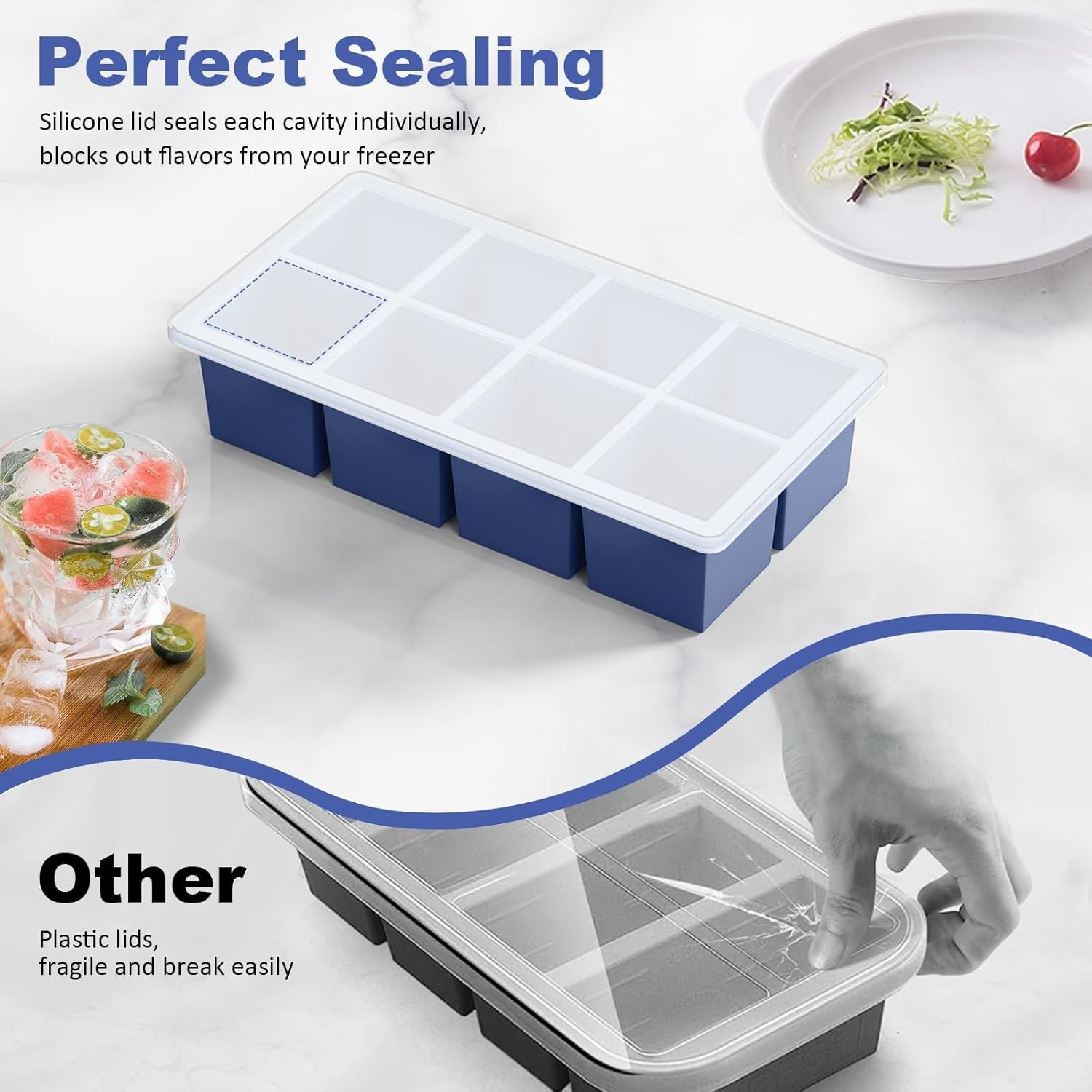 Large Ice Cube Trays for Whiskey Big Silicone Ice Cube Trays 2Inch- Huge Square