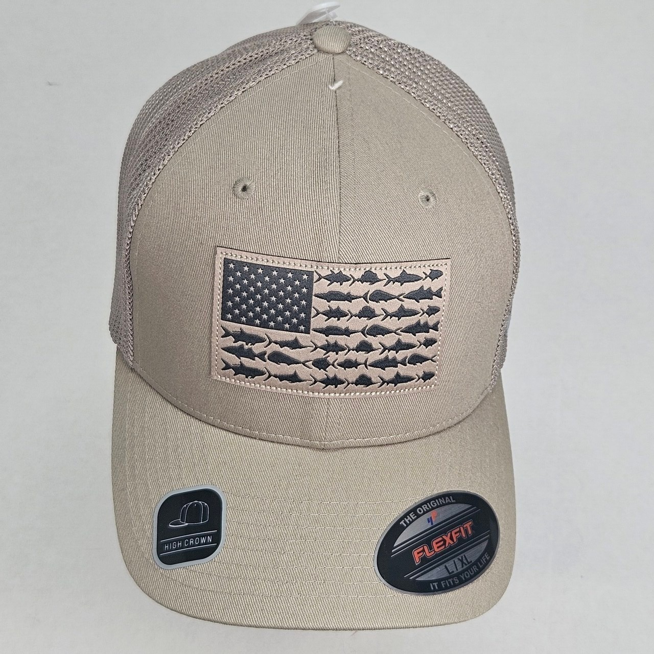 Columbia PFG Flexfit Trucker Hat Tan Fish Flag USA Fishing Gear Unisex Size L/XL