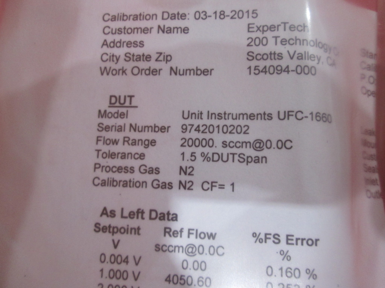 Unit, UFC-1660, 20000 sccm, N2, Mass Flow Controller, refurb