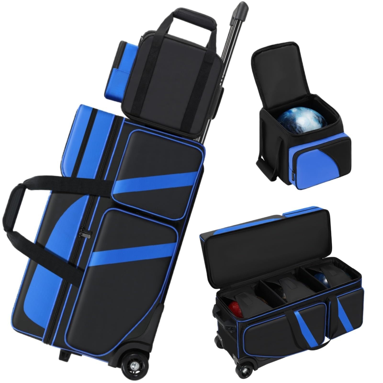 4 Ball Bowling Bags with Wheels, Bowling Ball Bag with Multi-Pockets,4 Ball B...
