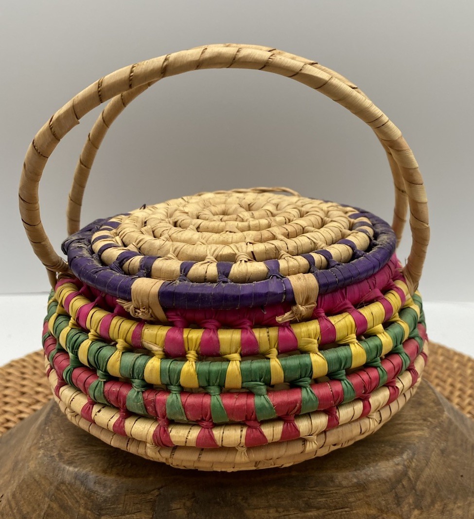 Hand Made Round Lidded Basket With Handles Locking Multi Color