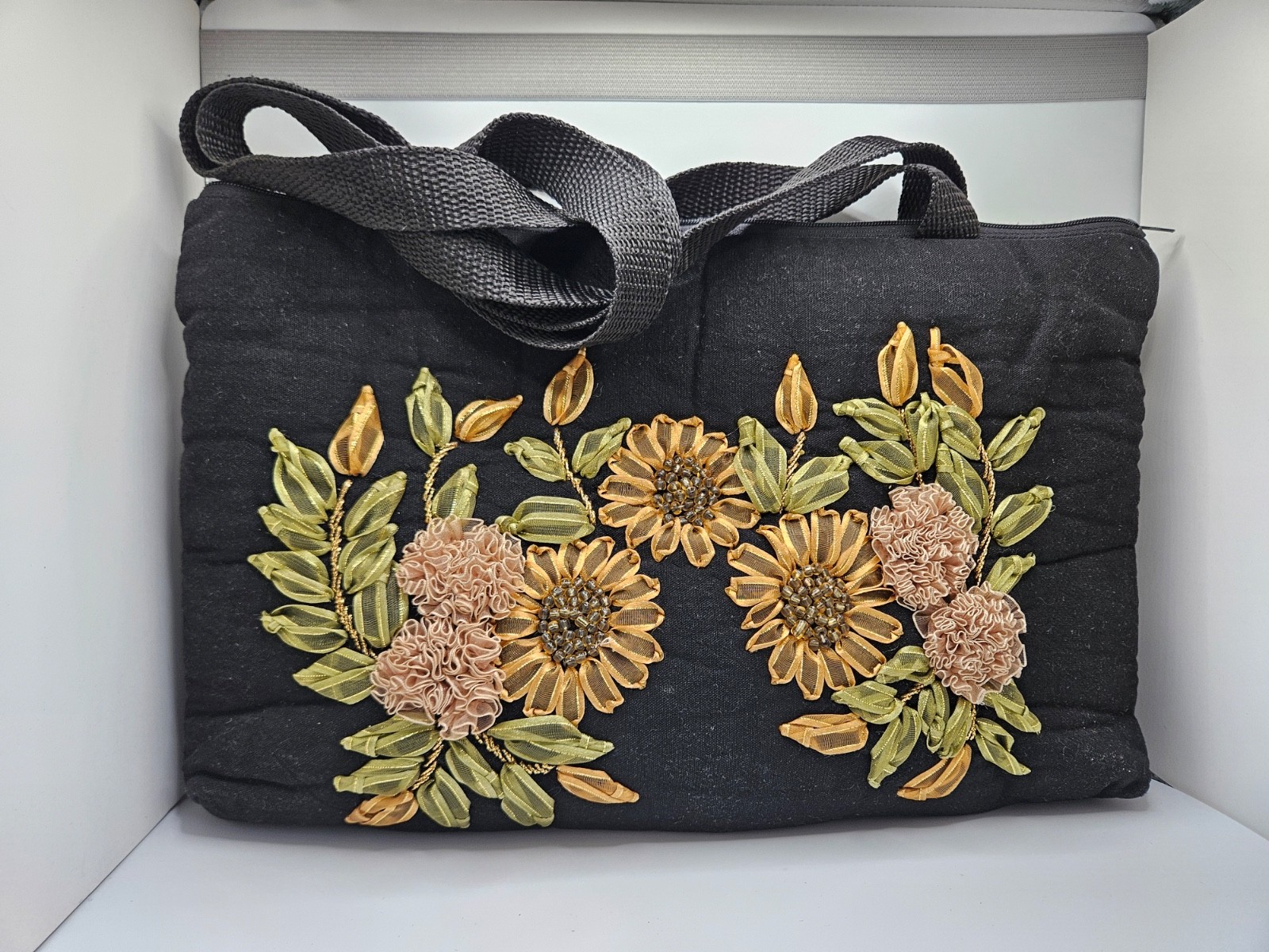 Small Zippered Padded Tablet iPad Bag Black Sunflowers Carnations Leaves Raised