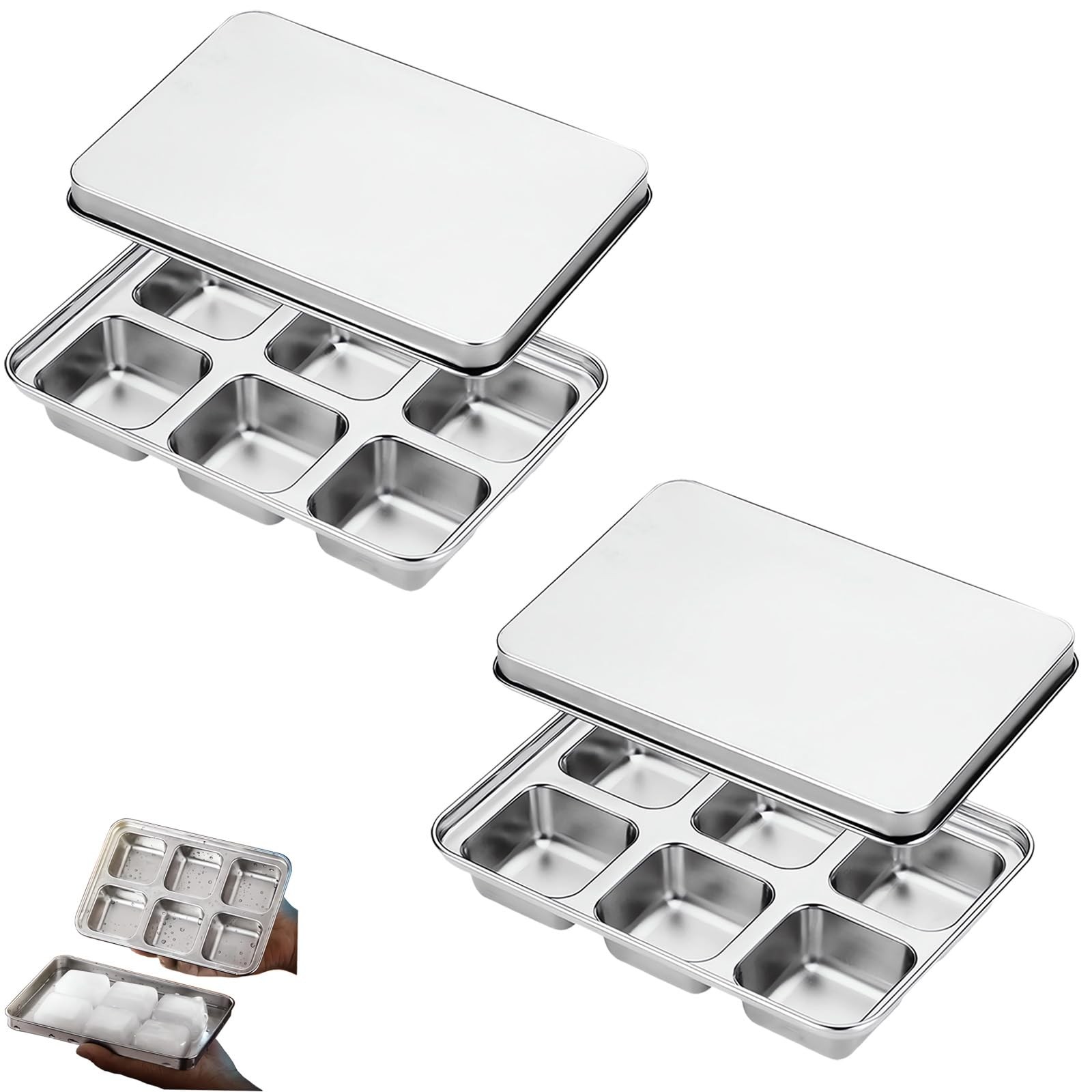 Stainless Steel Ice Cube Trays with Lid, Easy 6-Cube Tray - Pack of 2