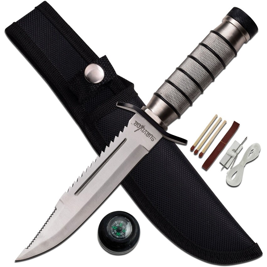Survival Fixed-Blade Knife 5.5" Stainless Steel Blade Checkered Stainless Handle