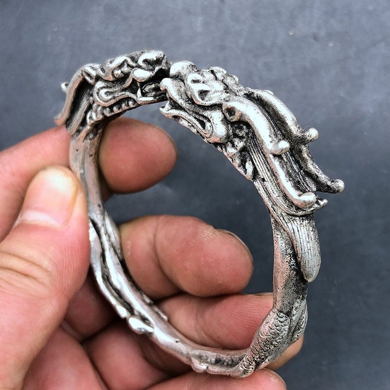 Antique Old Bracelet with Open Solid Dragon Head Bracelet