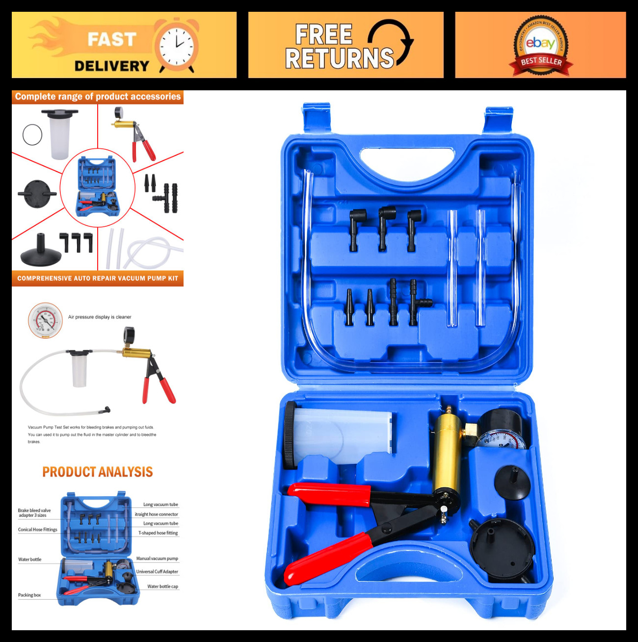 2-in-1 Brake Bleeder Kit & Hand Vacuum Pump with Gauge, Auto Fluid Bleeding Set