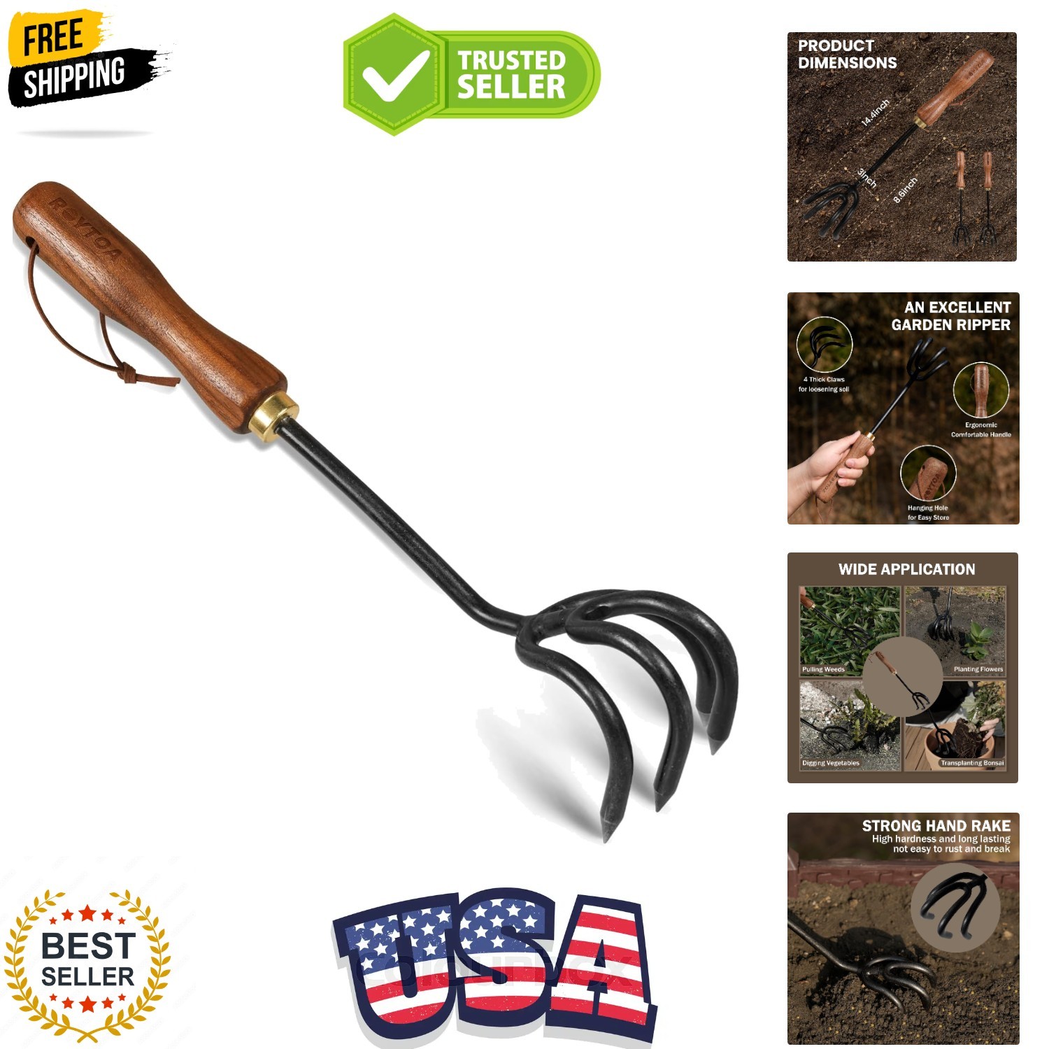 Hand Cultivator Rake, Ergonomic Small Garden Rake with Walnut Handle & 4 Dura...