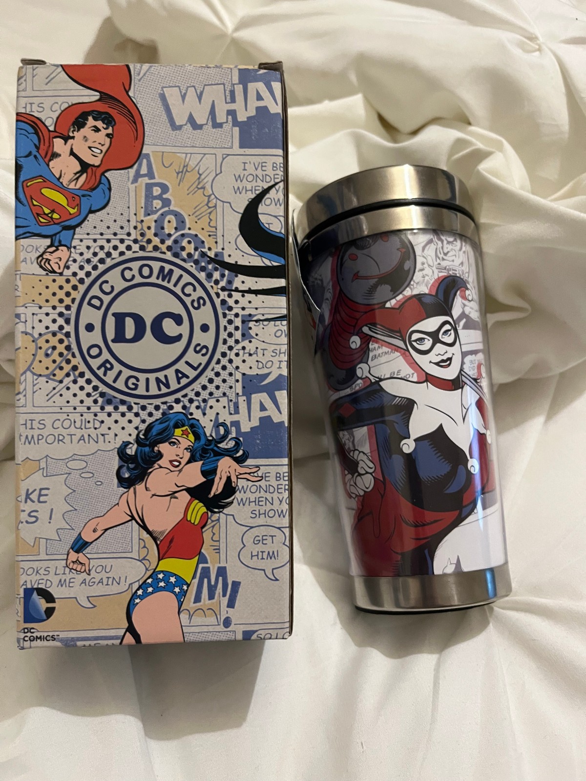 Harley Quinn with Mallet Comic Art 16 Ounce Metal Travel Mug Batman UNUSED BOXED