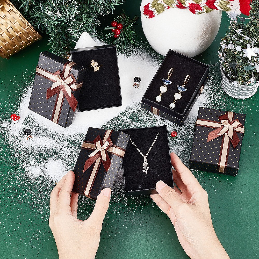 6pcs Rectangle Cardboard Jewelry boxes Velours inside with Bowknot Black