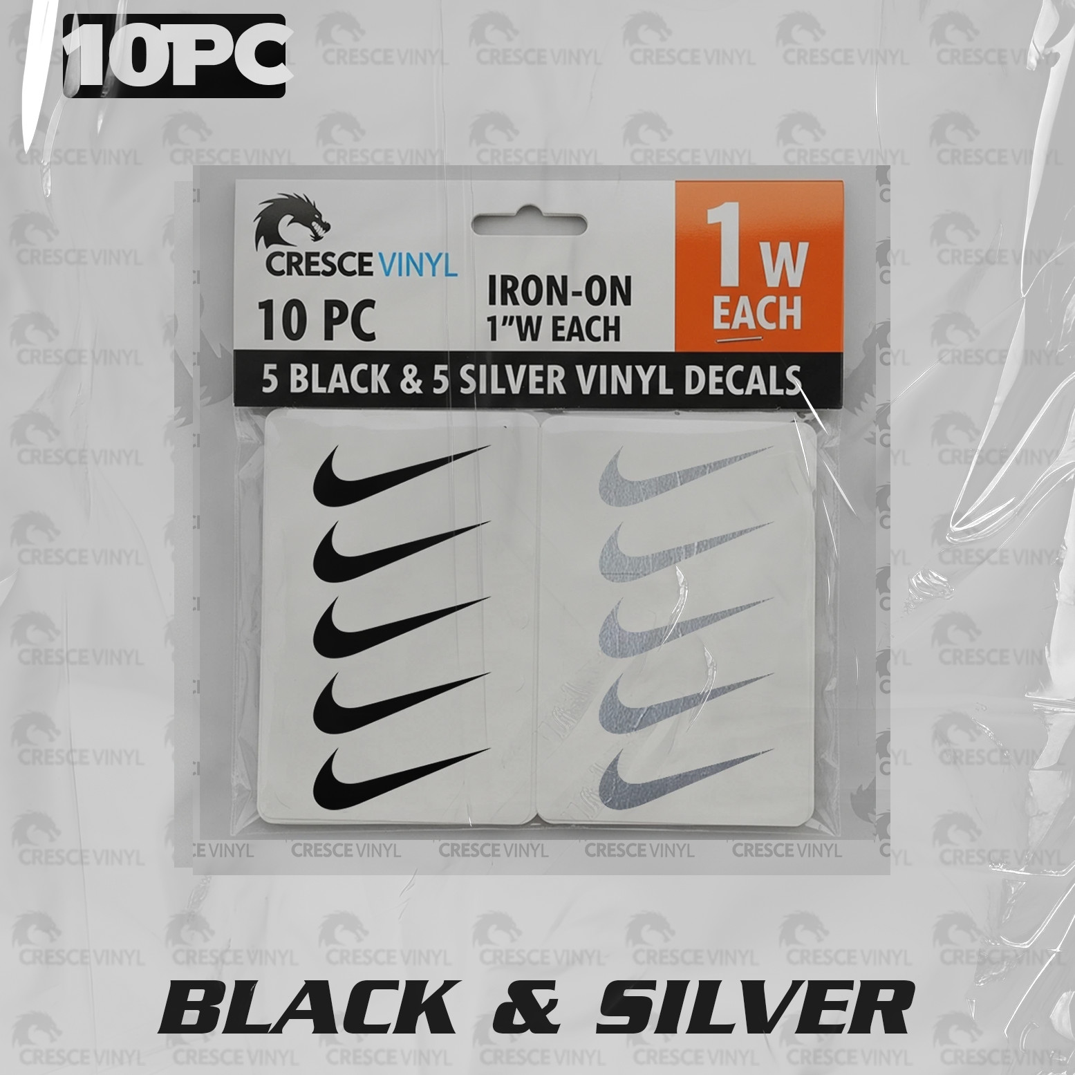 10PC Nike Ready to Apply DIY Made to Order Iron On Swoosh 1" W .Black, Silver