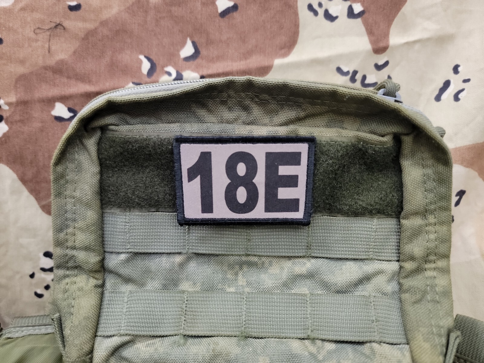 18E MOS TAN Hook Back Hat Bag 2x3 Patch Army Special Forces Echo Commo Sergeant