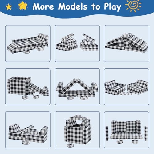 10 Pc Black & White Kids Couch, Buffalo Check Toddler Sofa, Black and White