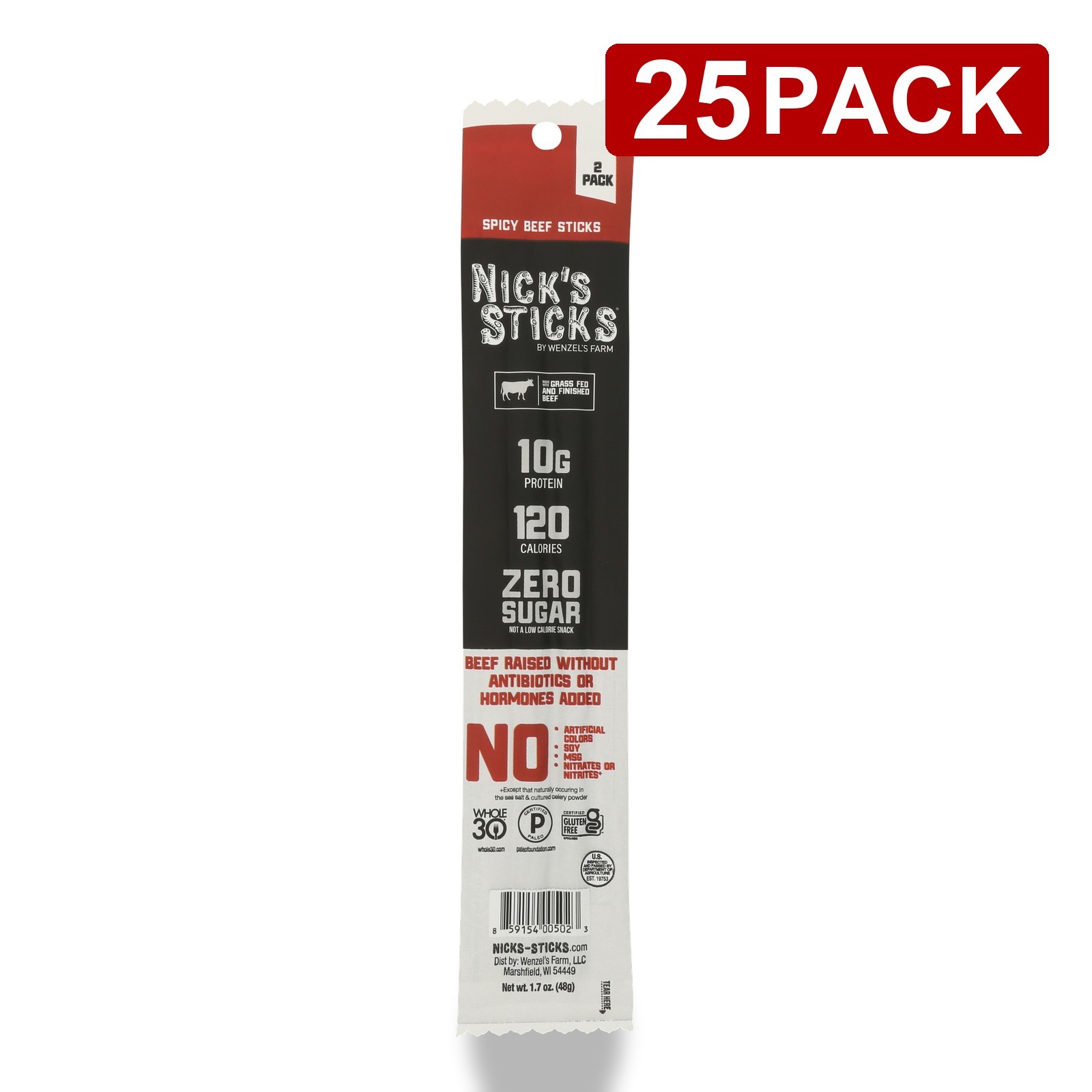 Spicy Beef Sticks Nick'S Grass Fed Gluten Free 1.7 Oz Stick Snack 25 Pack
