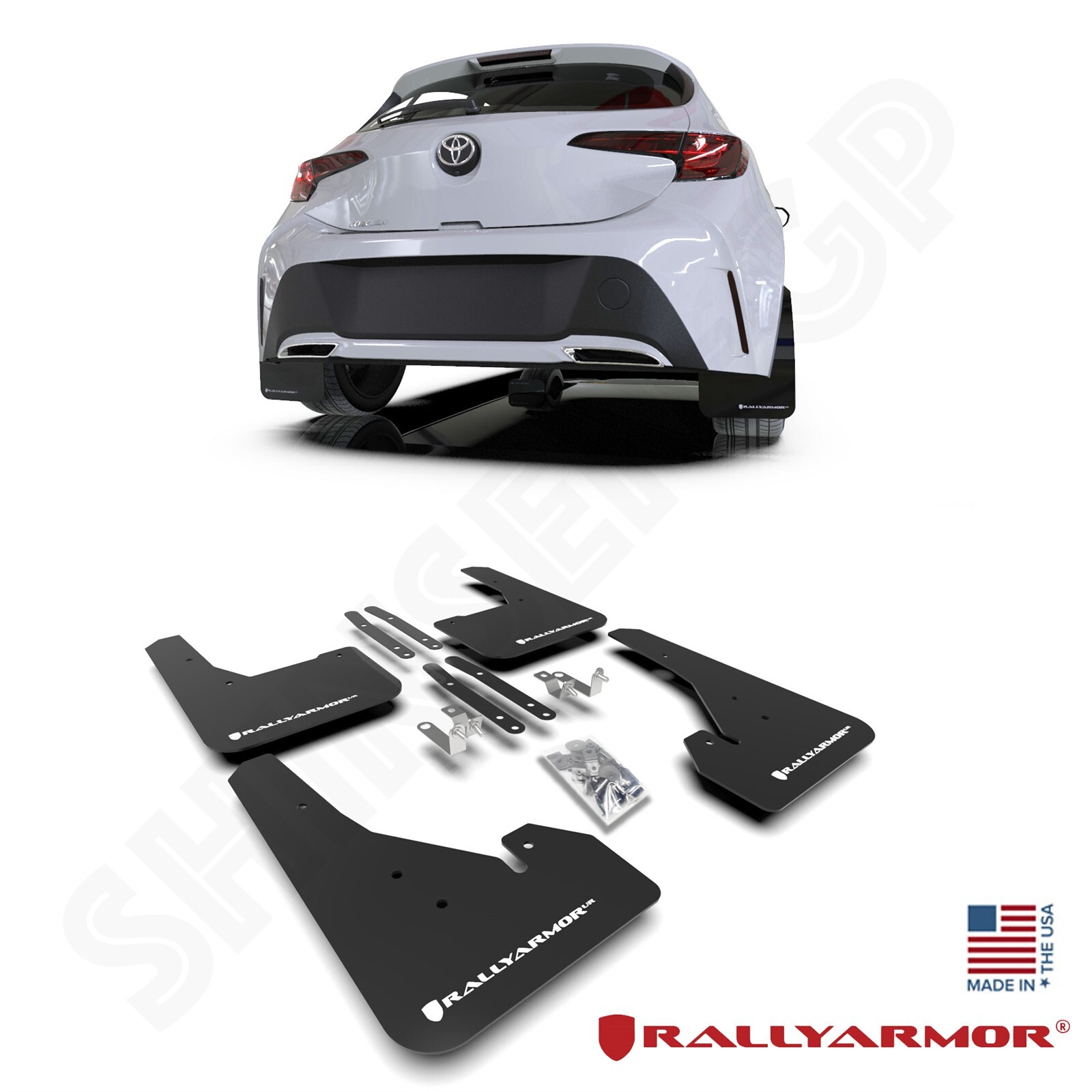 Rally Armor UR Black Mud Flaps w/ White Logo for 2019-2026 Corolla Hatchback
