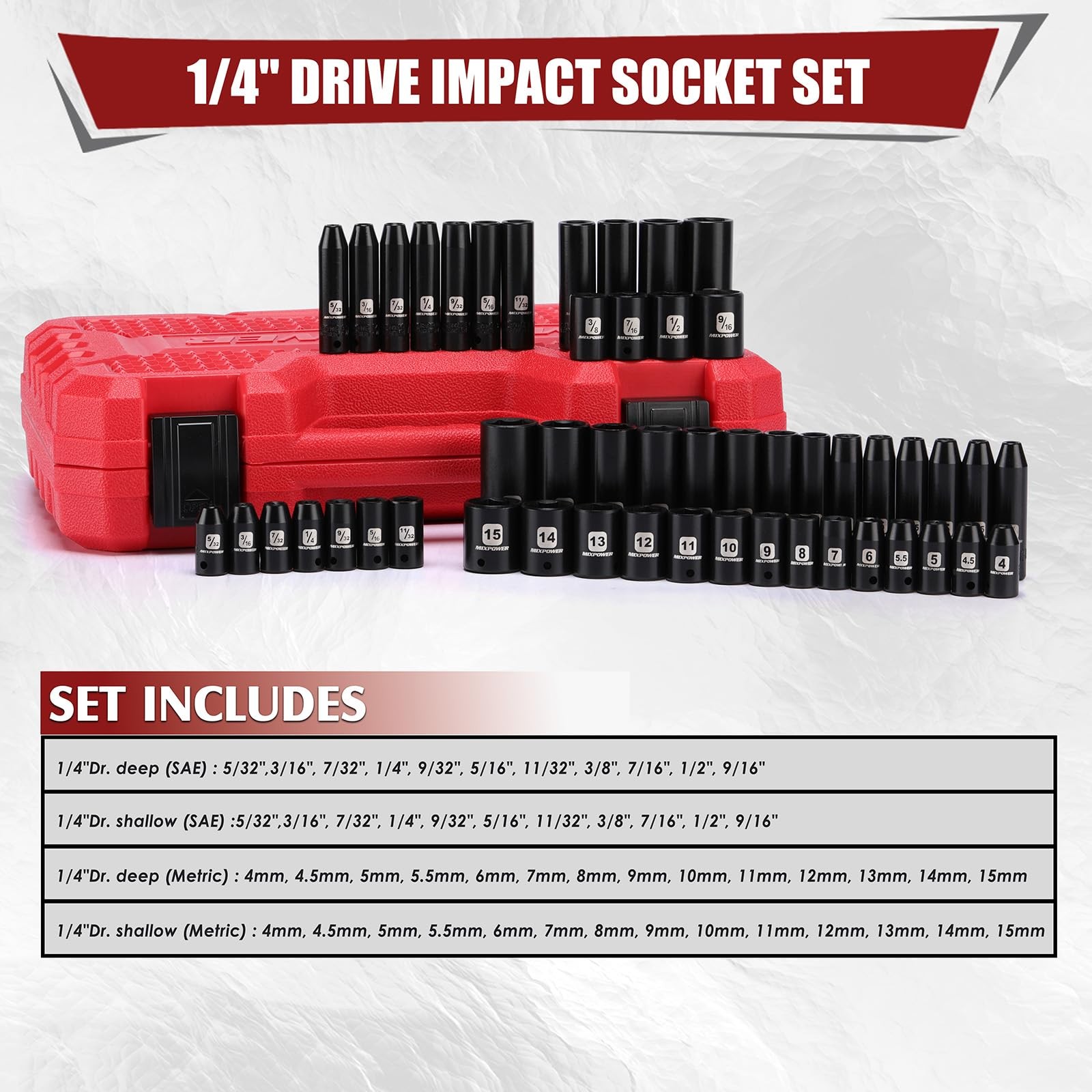 MIXPOWER 50 Pieces 1/4" Dr. Impact Socket Without Accessories, Black
