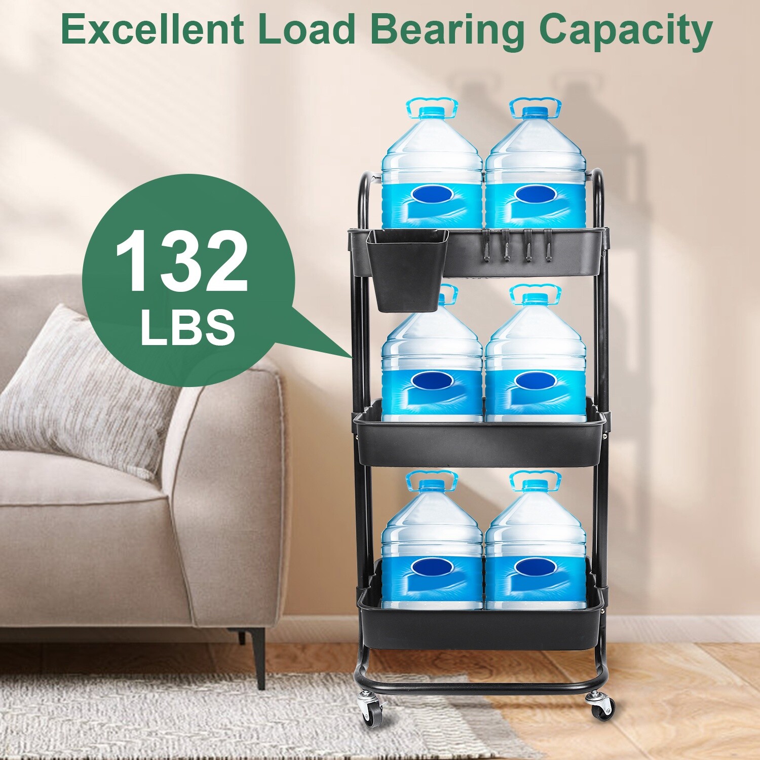3 Tier Rolling Utility Cart Movable Storage Organizer w/ Baskets Lockable Wheels