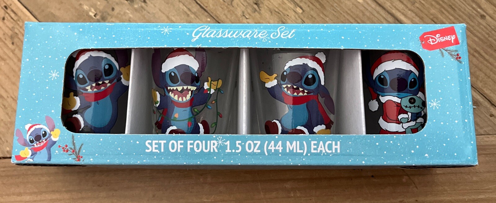 Disney Lilo & Stitch Happy Holidays SET of 4 Mini Shot Glass 1.5oz Christmas NEW
