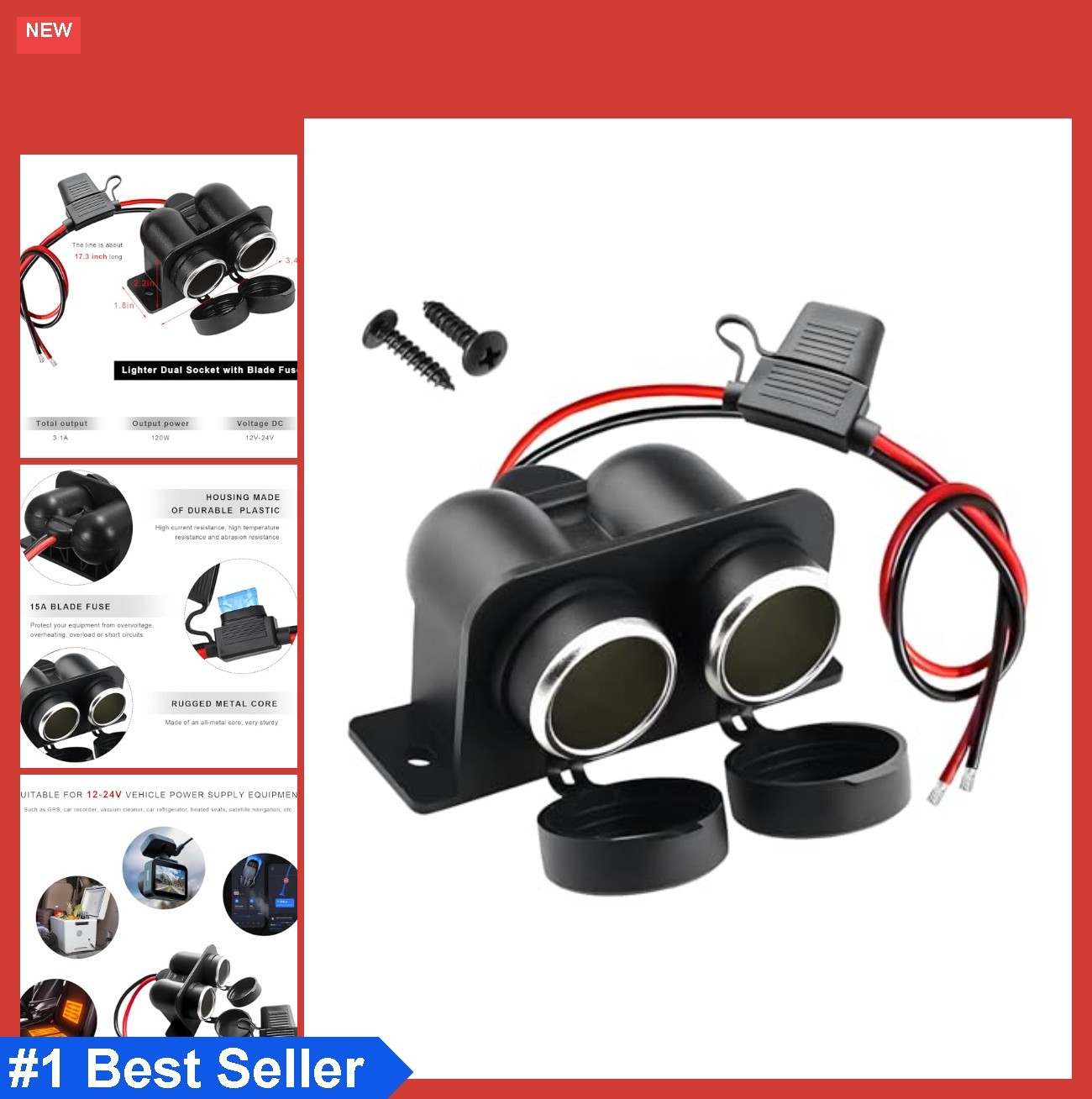 Cigarette Lighter Socket with Blade Fuse, Waterproof Auto Dual Socket Cigarette
