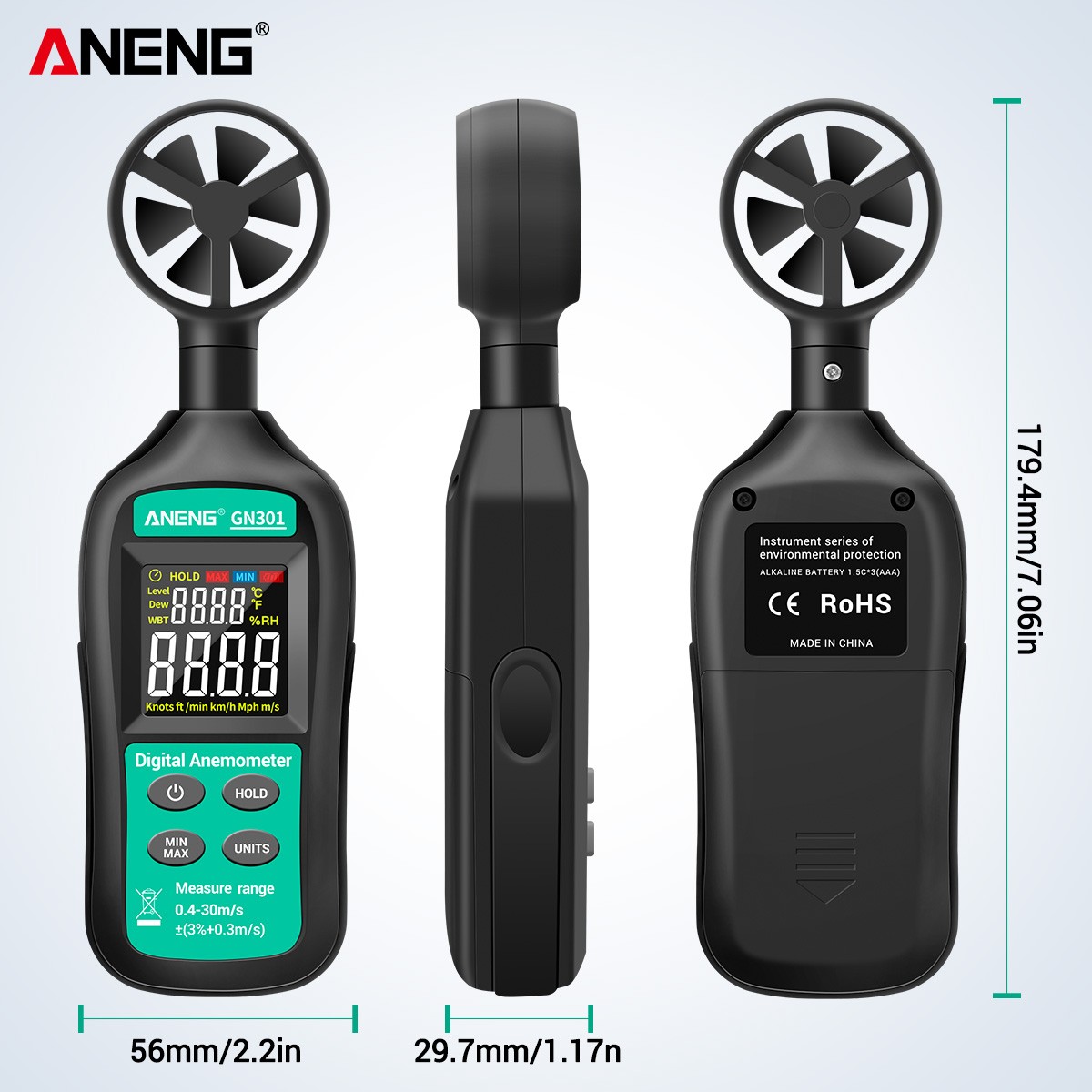 ANENG GN301 Digital Anemometer Wind Speed Meter Temperature LCD Backlight