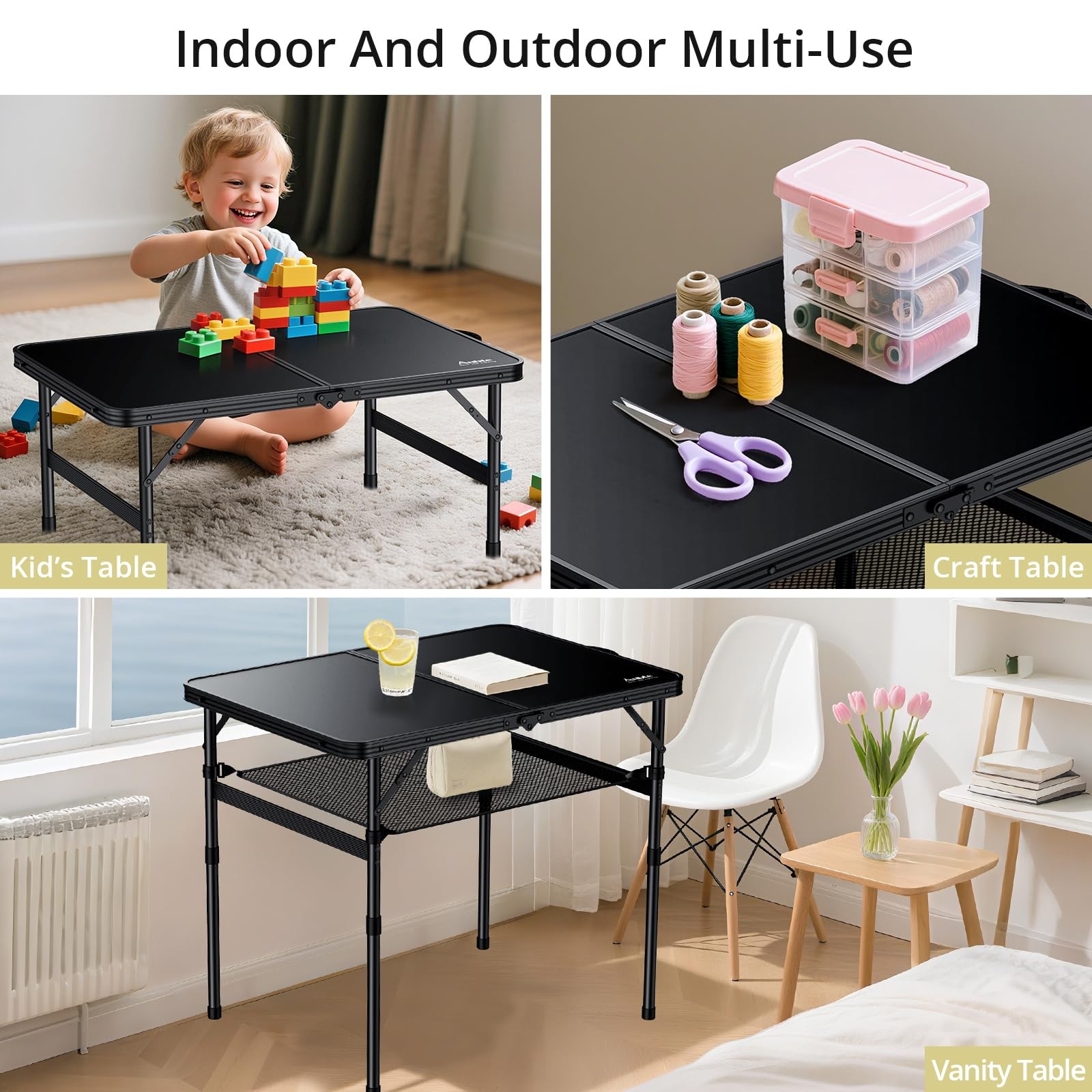 Folding Camping Table Portable Adjustable Height 36x24 in max 28 in