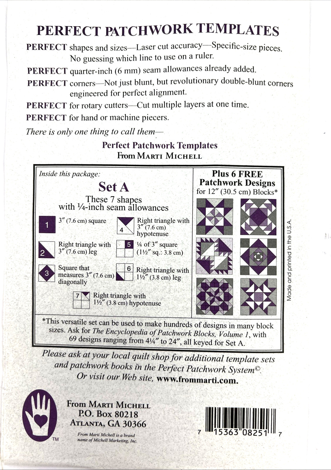 Perfect Patchwork Templates from Marti Michell - Set A 7 Piece - Number 8251