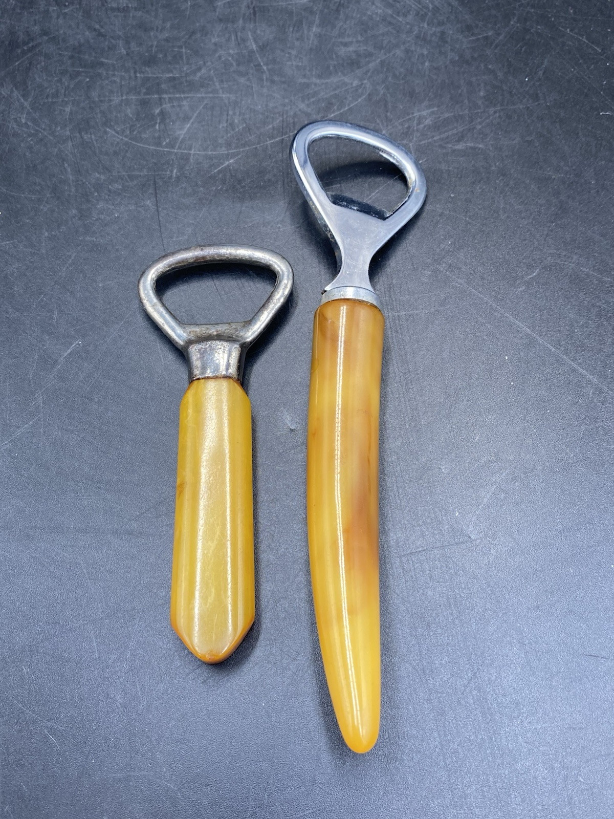 2 BUTTERSCOTCH BAKELITE BOTTLE OPENERS PARKER GAINES GERMANY
