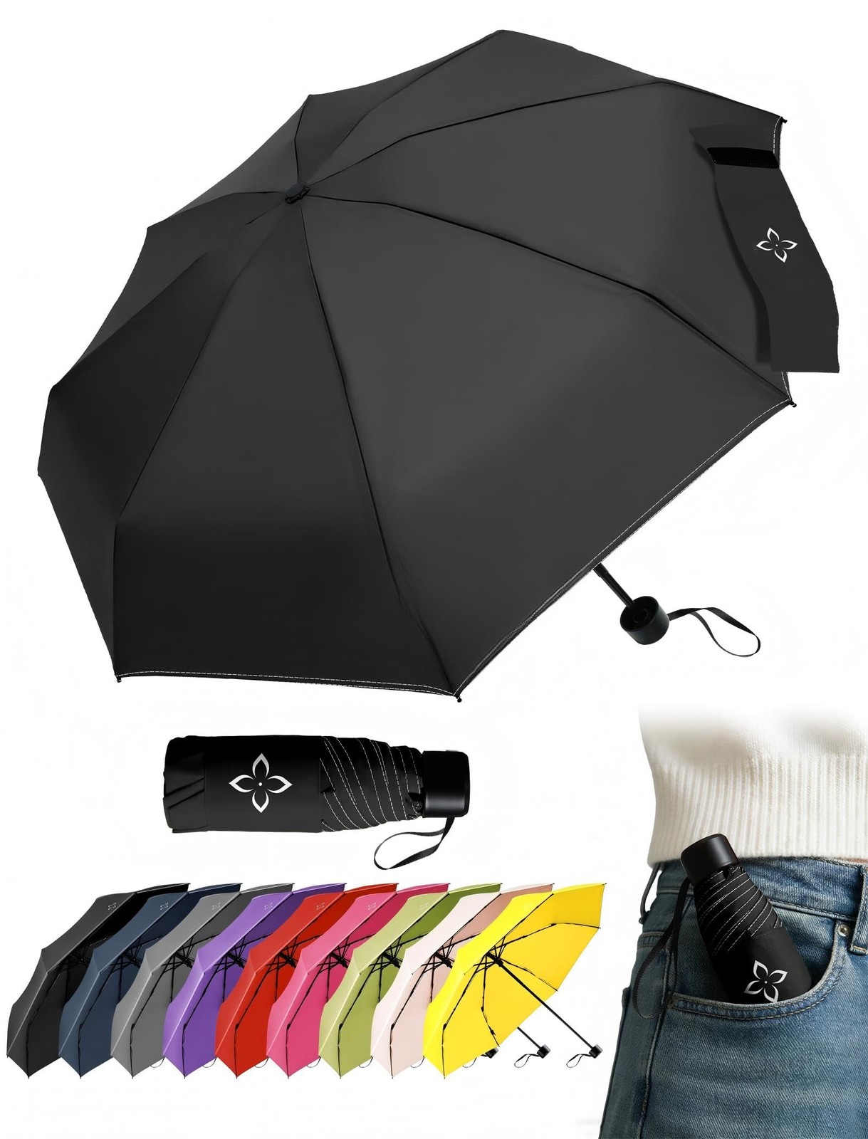 LILAC Small Compact Travel Umbrella - Pocket-Sized Folded Length: 7.3", Black