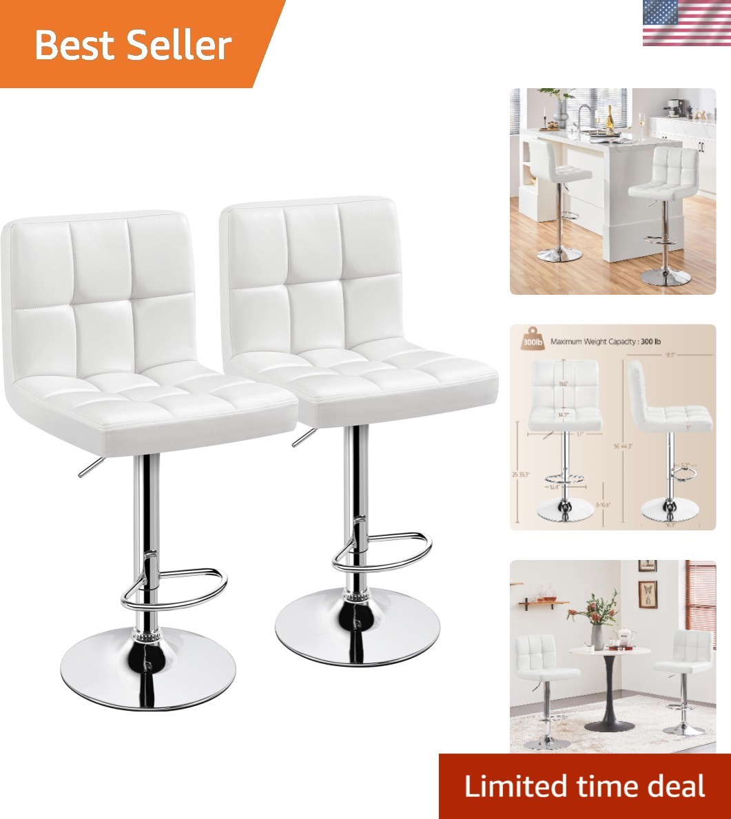 Modern White Set of 2 PU Leather Adjustable Swivel Barstools with Hydraulic H...