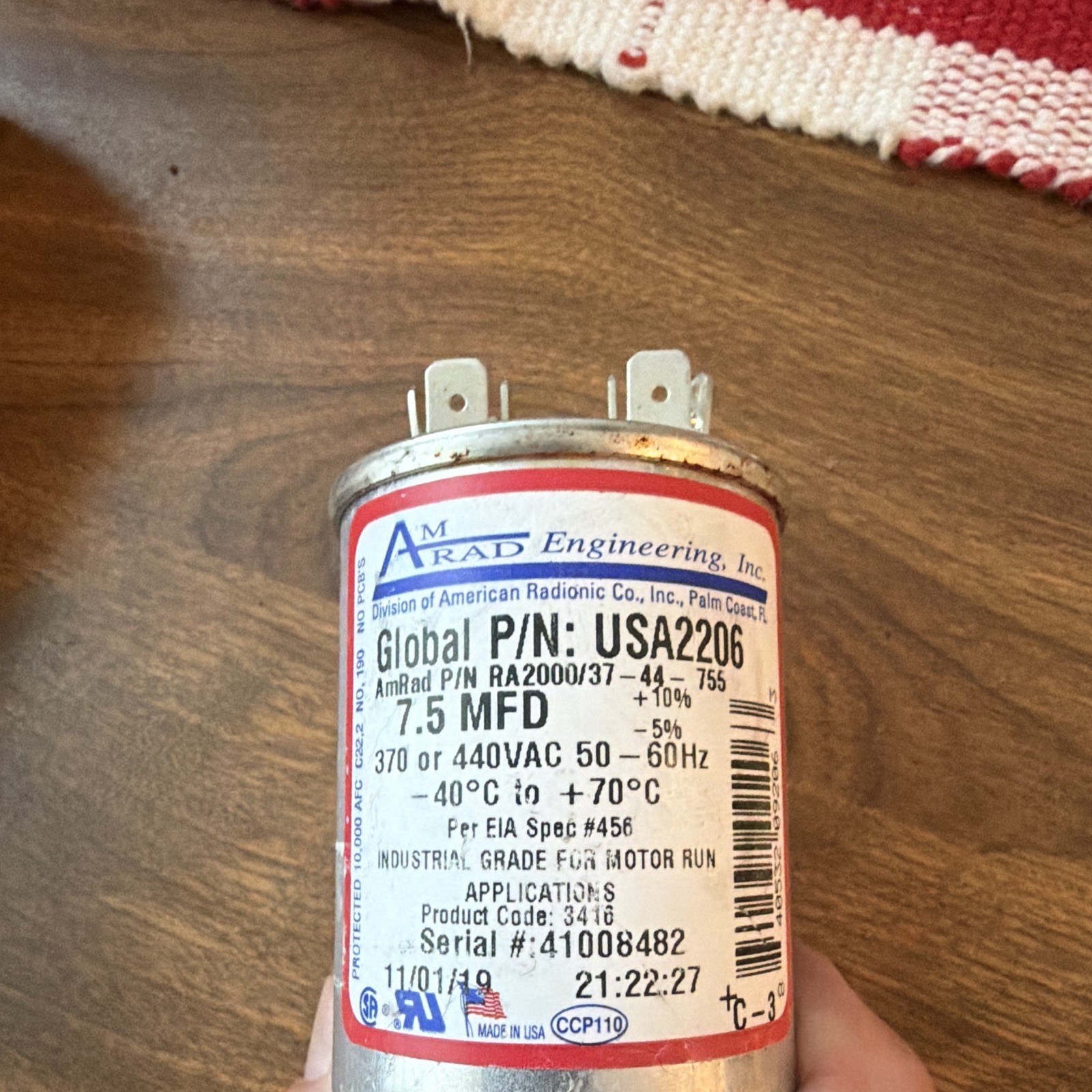 AmRad Engineering Run Capacitor 7.5 MFD 370/440VAC Model USA2206 MPN USA2206
