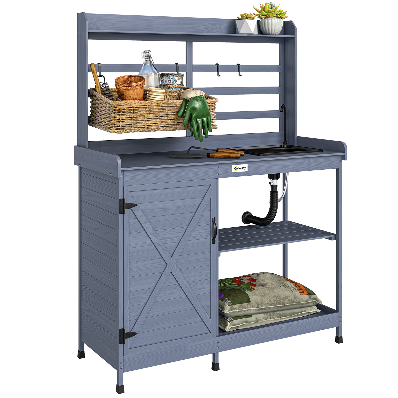 Wooden Potting Bench with Storage, Sink, Water Tap, Gray