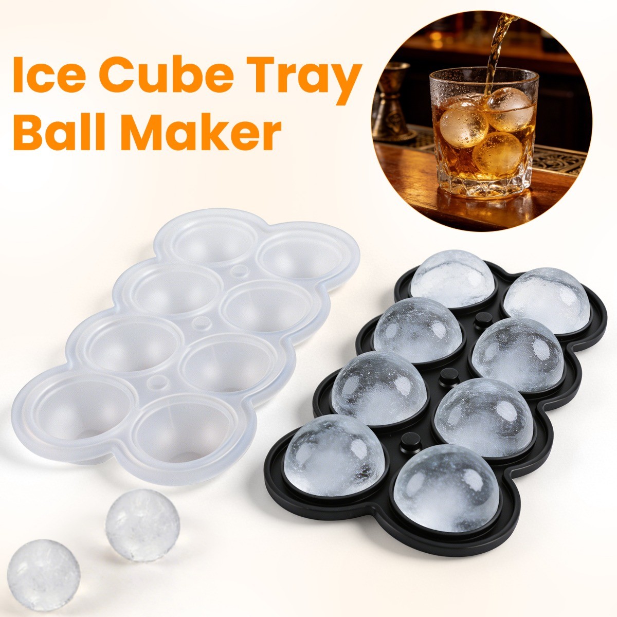 Upgarded Round Silicone Ice Cube Ball Maker Tray 8 Sphere Molds Bar Cocktails