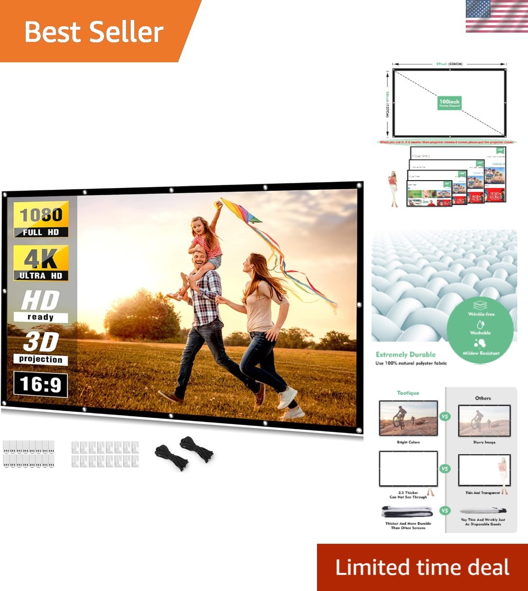 Versatile 100 Inch Double-Sided Projector Screen - Perfect for Party & Classroom
