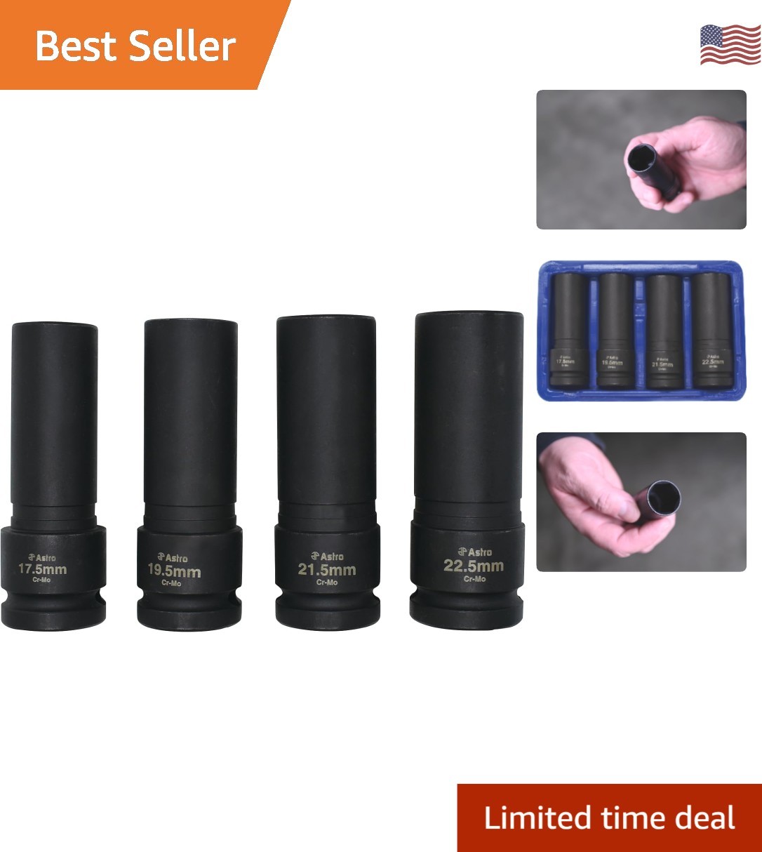 4-Piece Thin Wall Lug Nut Socket Set - 17.5-22.5mm for Tight Spaces