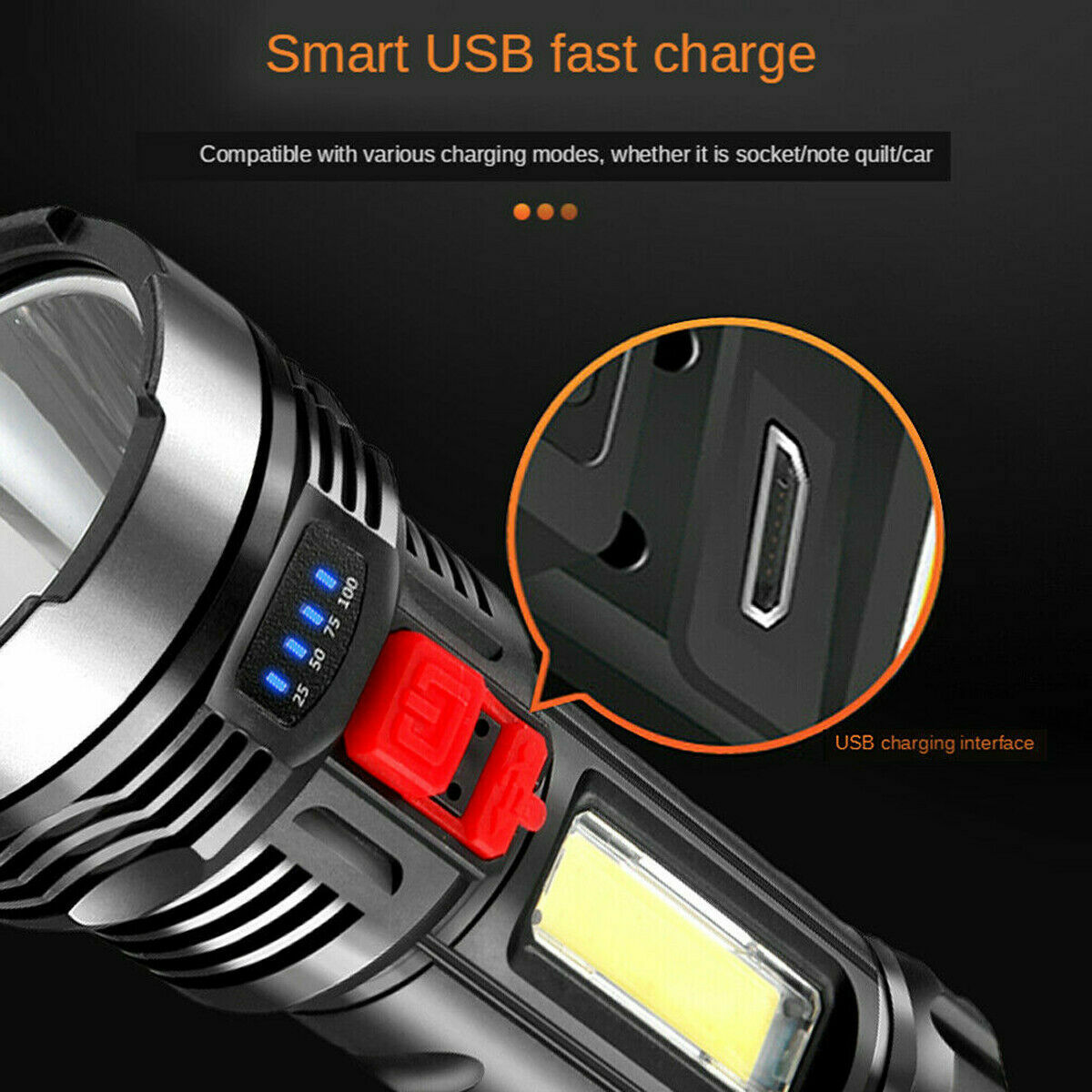Super Bright LED Torch Tactical Flashlight USB Rechargeable & Battery