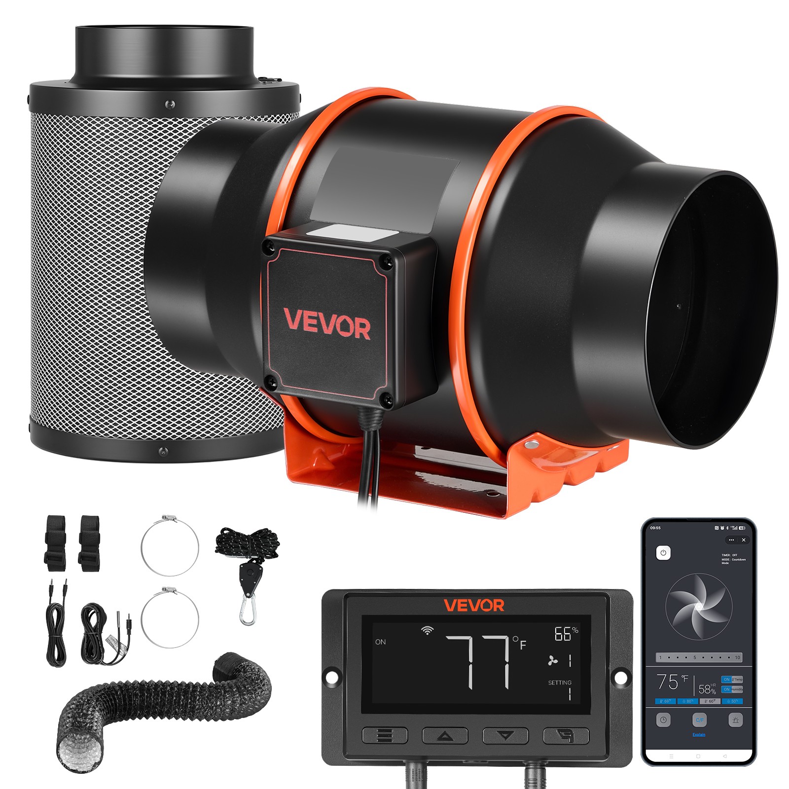 VEVOR Inline Duct Fan Kit 402 CFM 6 Inch EC Motor PWM APP Ventilation Grow Tent