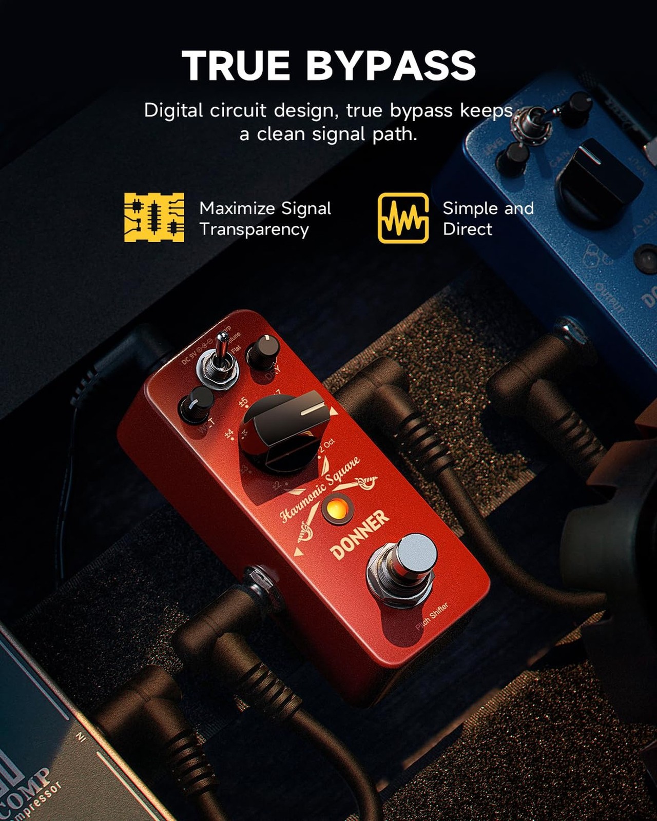 Donner Octave Guitar Pedal, Harmonic Square Digital Octave Mini Pedal Pitch S...