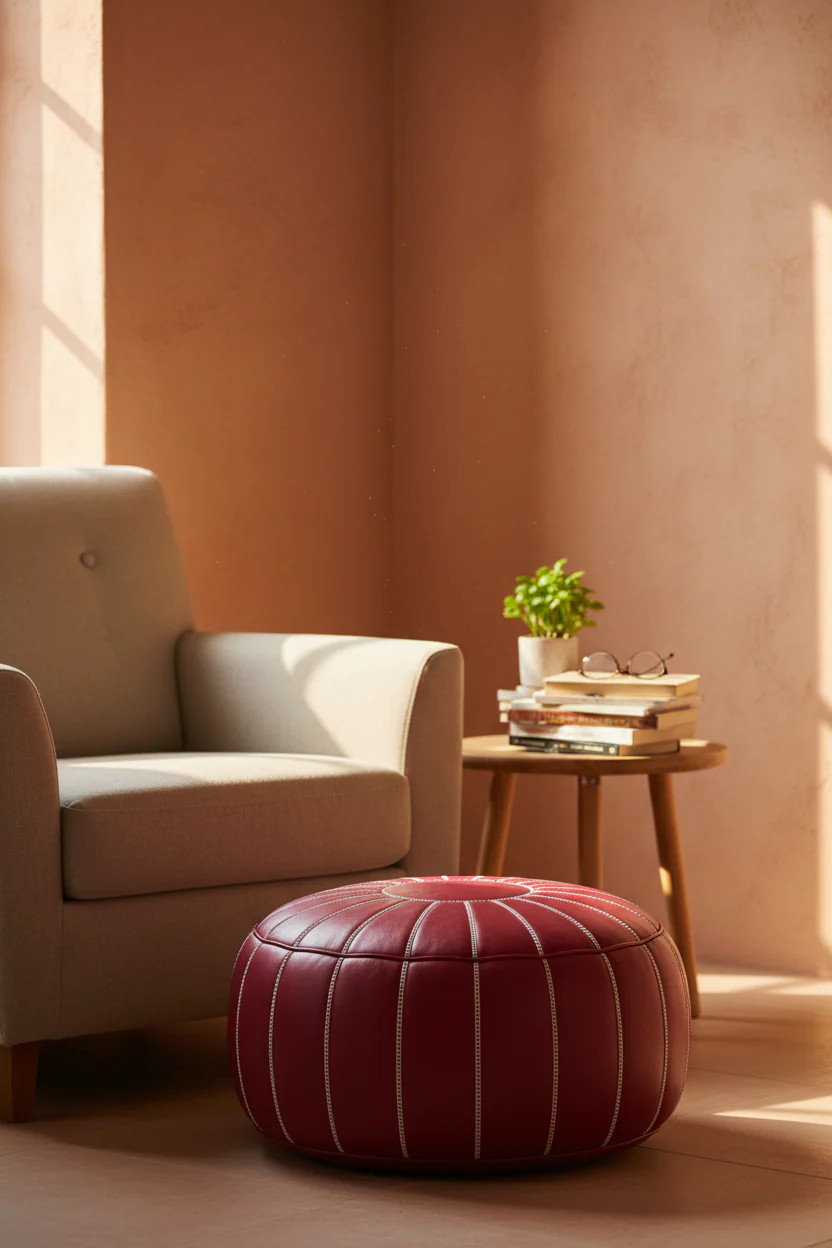 Moroccan Leather Pouf – Knotted Tassel Crown
