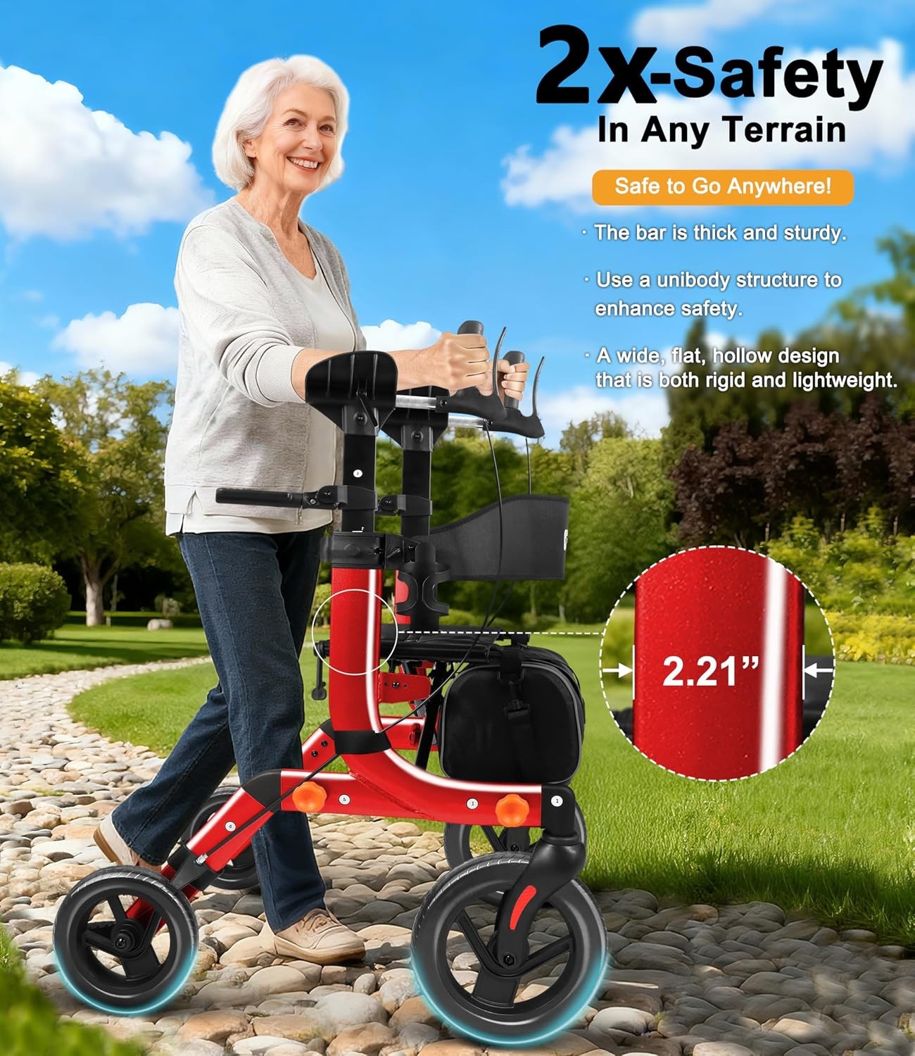FlyingJoy Upright Rollator Walker Seat 10in Wheels 300lb Red Foldable