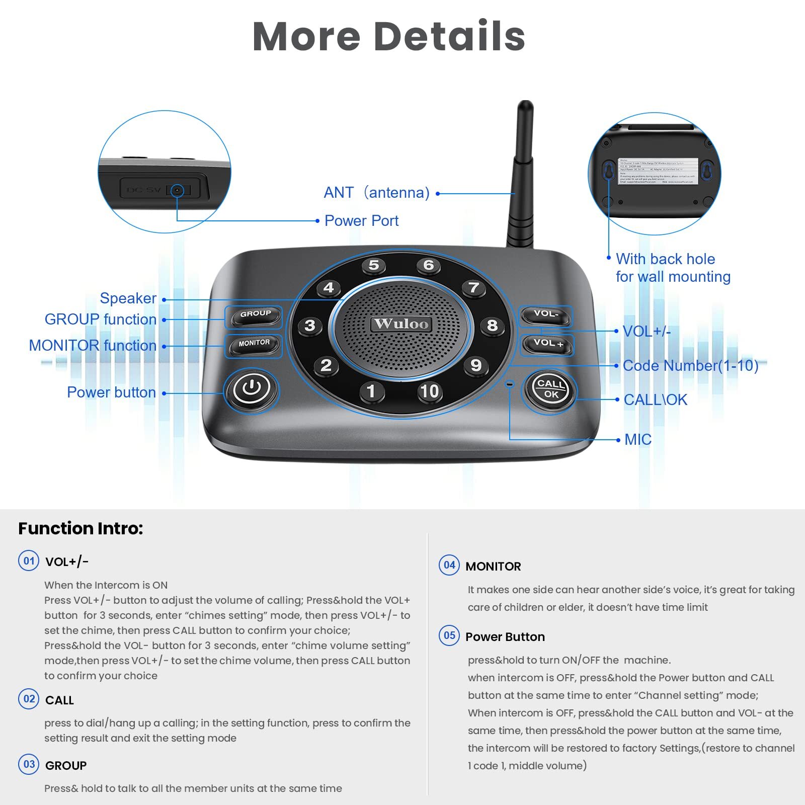 Wireless Two-Way Intercom System Full Duplex Audio for Home or Business