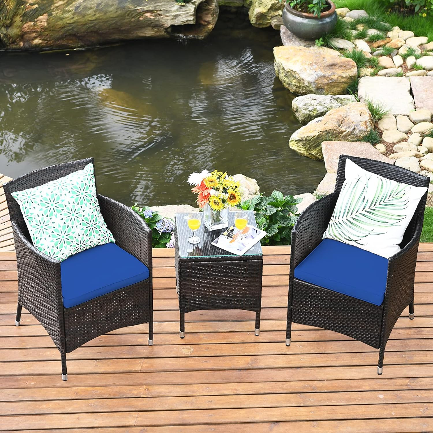 Navy 3-Piece Outdoor Wicker Conversation Set with Glass Table & Cushions